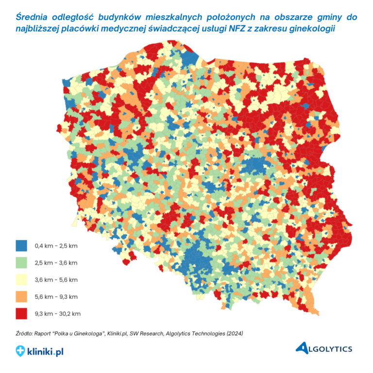 Mapa odległość budynków do placówek ginekologicznych